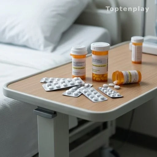 Flacons de médicaments analgésiques prescrits sur une table d'hôpital