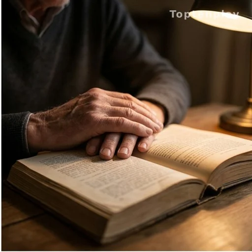 Mains d'un homme posées sur une autobiographie ouverte, lumière de bureau tamisée