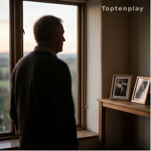 Silhouette d'un père regardant par une fenêtre, photos de famille sur une étagère