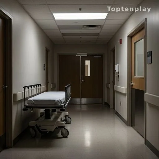 Couloir de service d'urgences hospitalières la nuit, brancard vide