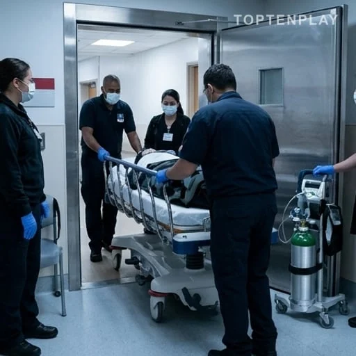Brancard et oxygène devant une chambre froide hospitalière