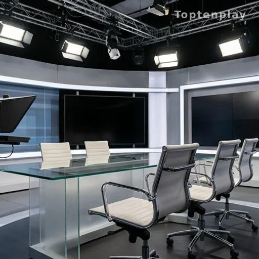 Plateau de télévision vide avec chaises et éclairages de studio
