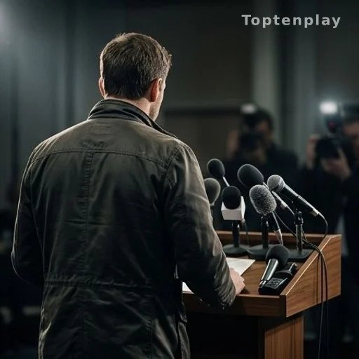 Sélectionneur de dos à un pupitre de conférence de presse, deuil et football