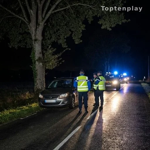 Route départementale de nuit avec gendarmes et véhicule accidenté
