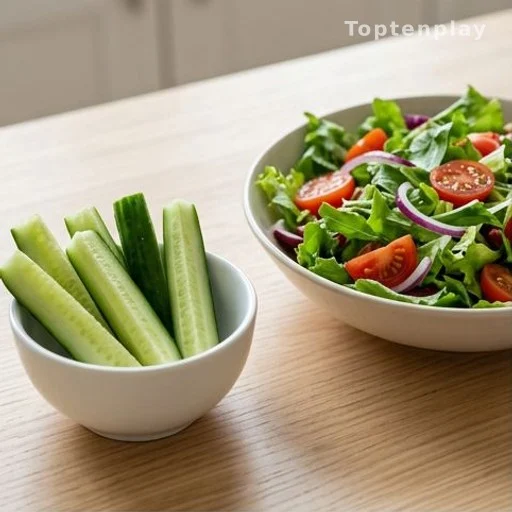 Bâtonnets de concombre cru avec la peau dans un bol, alimentation santé et perte de poids