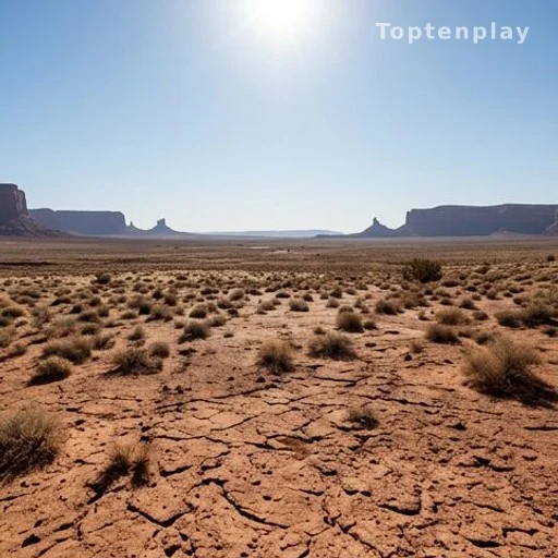 Désert aride du Sud-Ouest américain, terre ocre craquelée sous un soleil intense