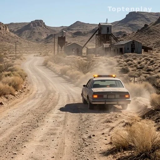 Voiture abandonnée sur une piste désertique près d'anciennes installations minières