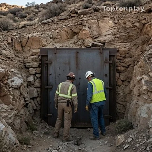 Entrée d'une ancienne mine désertique condamnée par une plaque métallique soudée