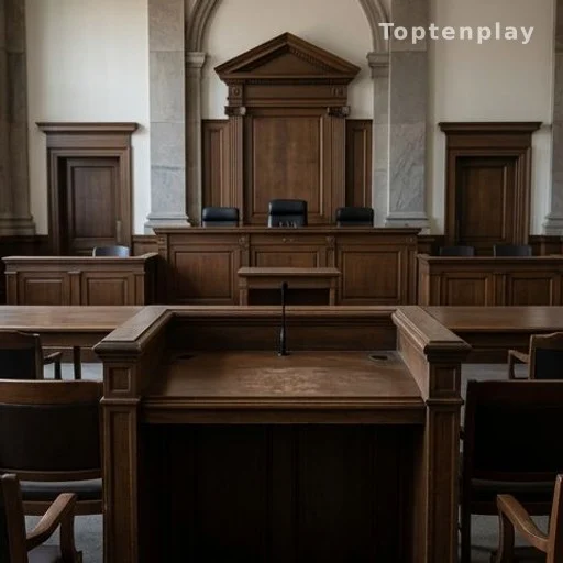 Salle d'audience d'un tribunal, banc des accusés et estrade officielle vides