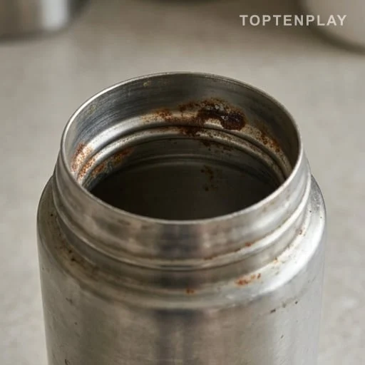 Thermos métallique ancien présentant des traces visibles de rouille