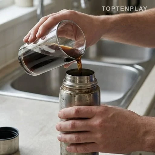 Boisson versée dans une gourde métallique intérieurement dégradée