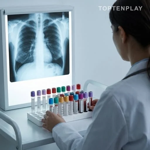 Professionnel de santé examinant analyses sanguines et radiographie pulmonaire