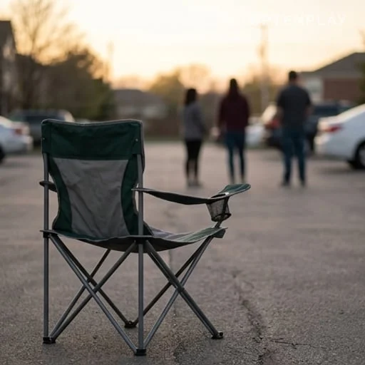 Chaise de camping vide sur un parking d’immeuble