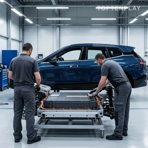 Techniciens assemblant les composants électriques du SUV présidentiel