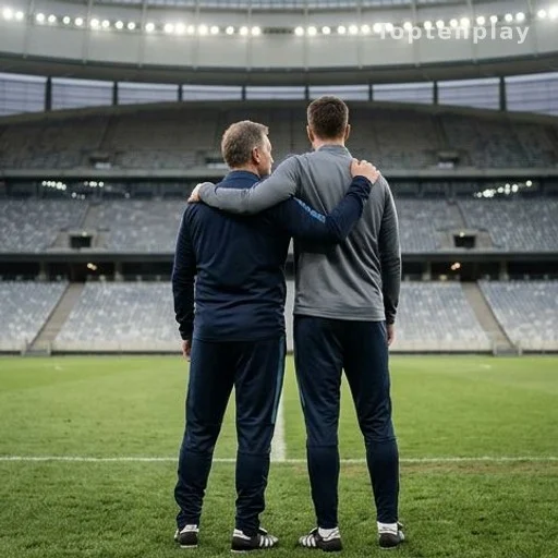 Père et fils de dos sur une pelouse de football après un match