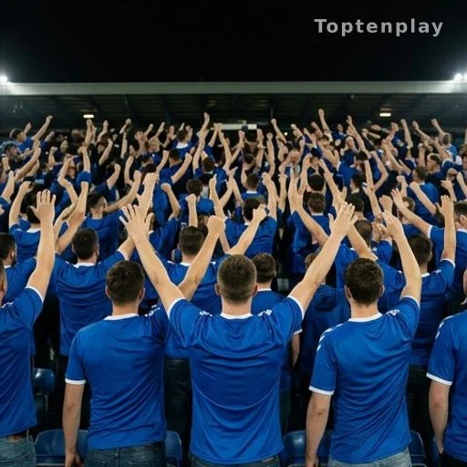 Supporters en maillots bleus dans les tribunes d'un stade de football