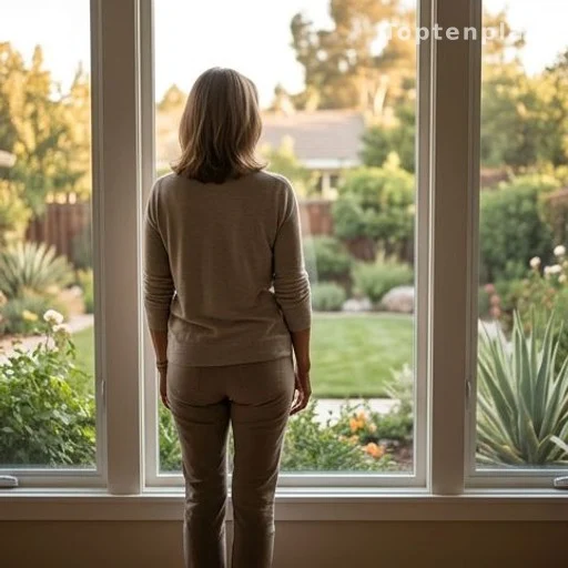 Femme de dos regardant un jardin californien, évoquant la recherche d'une solution pour un parent âgé