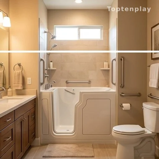 Salle de bain accessible avec baignoire à porte, aménagée pour une personne âgée