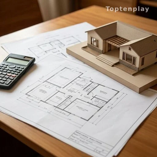 Plans d'architecte et calculatrice pour la construction d'une dépendance résidentielle