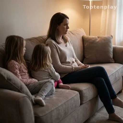 Femme seule avec deux enfants sur un canapé, vue de dos, ambiance familiale