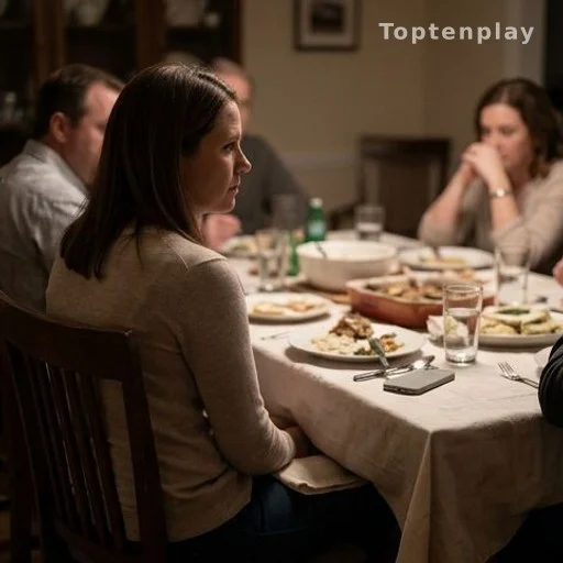 Scène de dîner familial tendu, personnages en arrière-plan flous