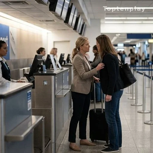 Confrontation entre deux femmes devant un guichet d'aéroport
