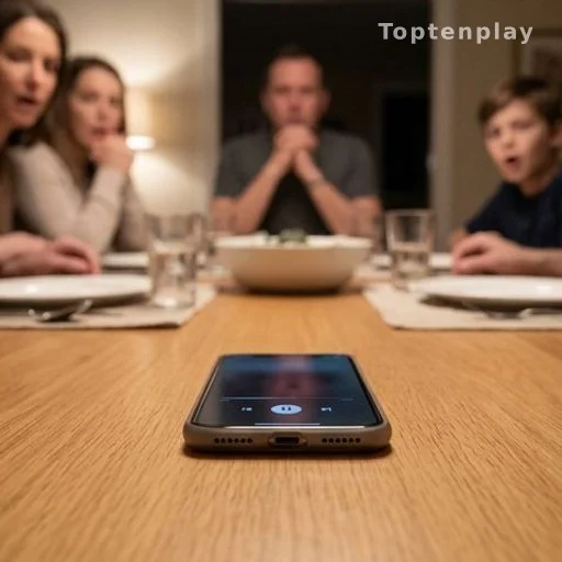 Smartphone diffusant un enregistrement audio posé sur une table de repas familial