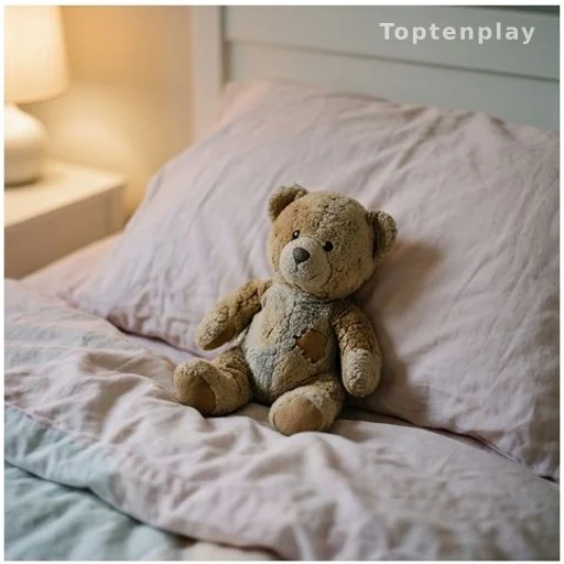 Ours en peluche posé sur un lit d'enfant, lumière douce de chevet