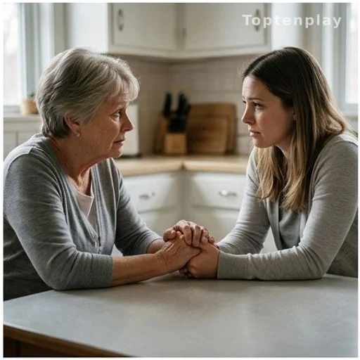 Deux femmes assises face à face à une table, moment de réconciliation familiale