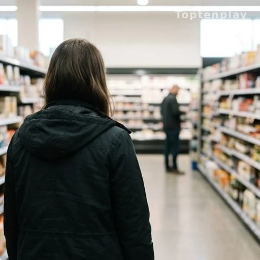 Femme de dos dans un supermarché fixant une silhouette familière au loin