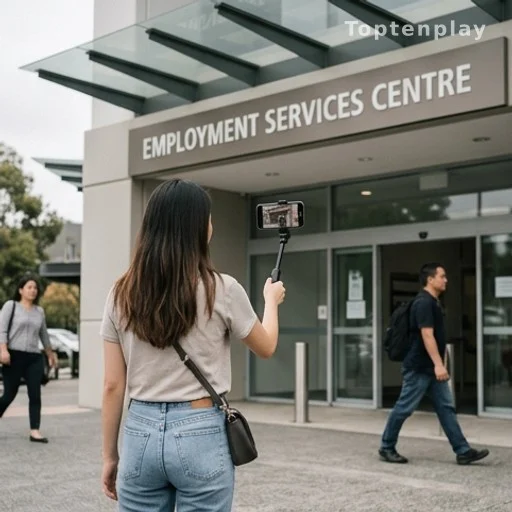 Jeune femme filmant une vidéo devant un bureau pour l'emploi