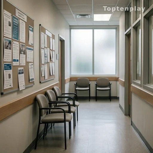 Couloir d'un bureau des prestations sociales avec panneaux officiels