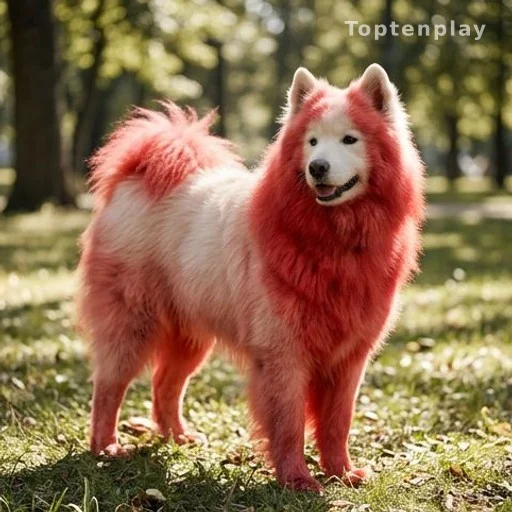 Grand chien à fourrure teinte en rouge vif dans un parc, bien-être animal