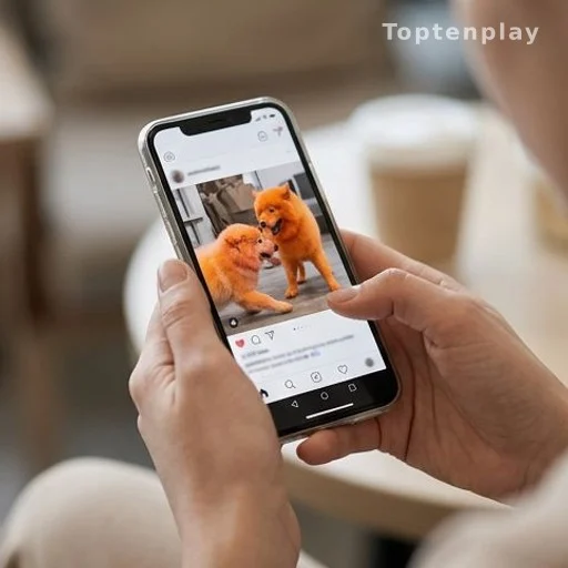 Mains tenant un smartphone avec vidéo de chien coloré sur réseau social