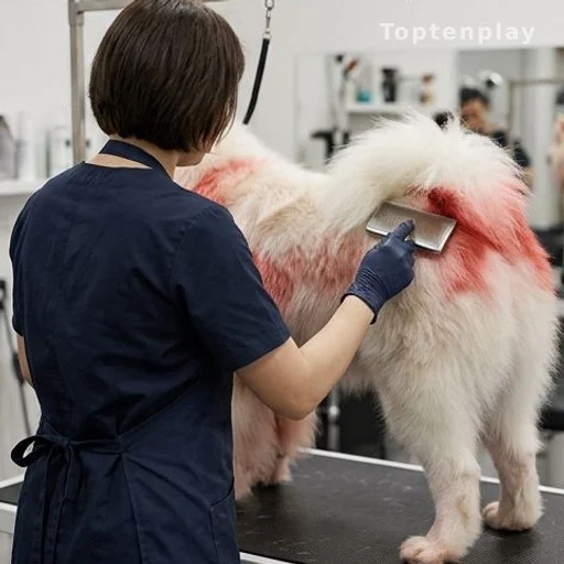 Toiletteur professionnel appliquant un produit de toilettage sur un grand chien
