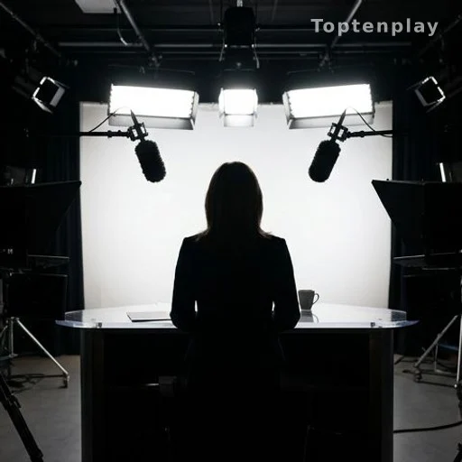 Silhouette d'un présentateur face aux lumières d'un plateau de télévision
