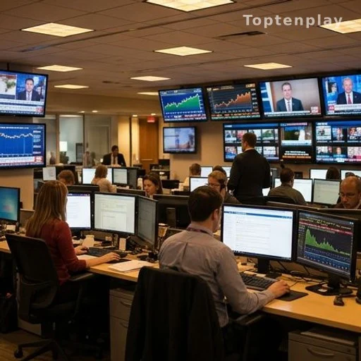 Salle de rédaction télévisée avec journalistes au travail devant des écrans