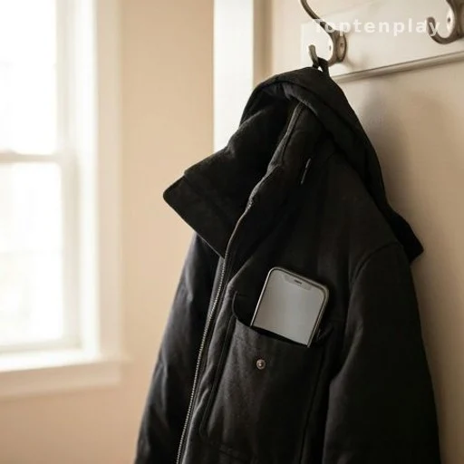 Manteau accroché avec un téléphone dans la poche, intérieur domestique