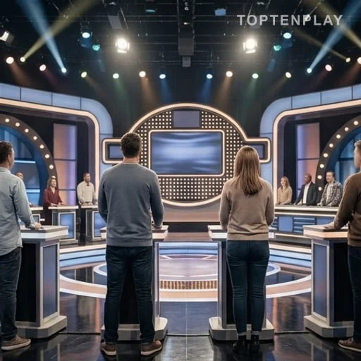 Plateau de jeu télévisé avec candidats anonymes