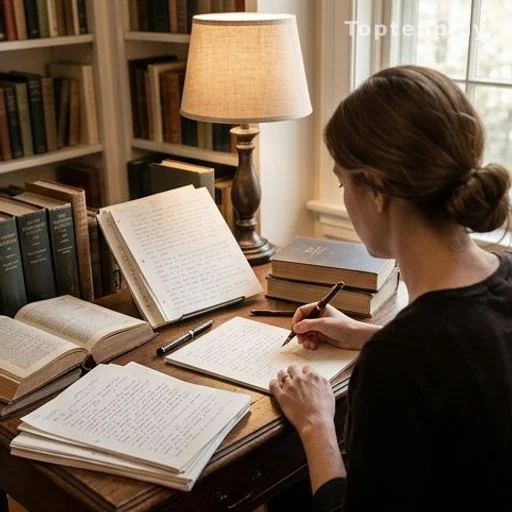Écrivaine de dos à son bureau entourée de manuscrits et de livres