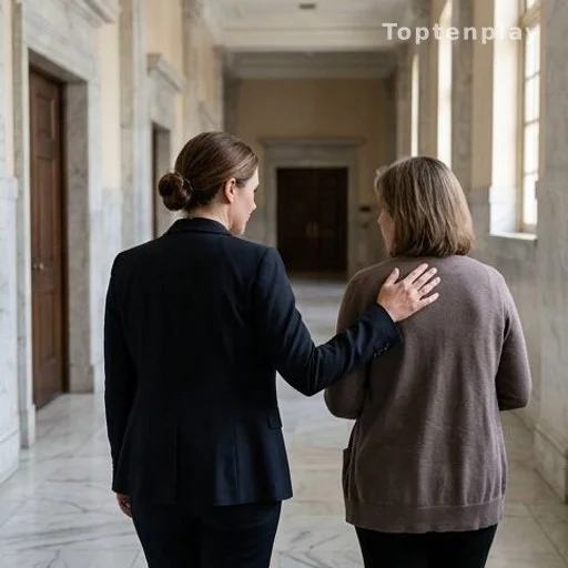 Deux femmes de dos dans un couloir de tribunal, geste de soutien, plainte pour viol