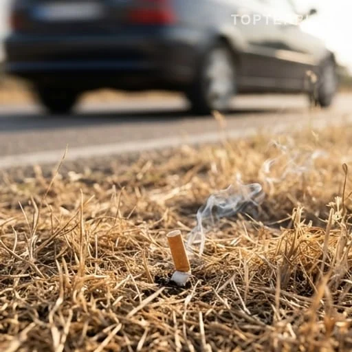 Mégot fumant près d’herbes sèches en bord de route