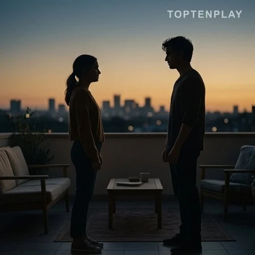 Deux jeunes silhouettes entre attirance et hésitation au crépuscule