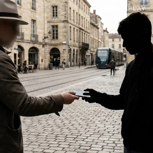 Téléphone prêté dans une place urbaine animée