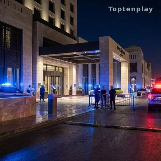 Entrée d'hôtel sécurisée de nuit lors d'une visite officielle à l'étranger