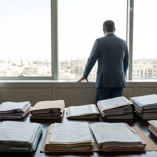 Bureau présidentiel encombré de dossiers, silhouette de dos près d'une fenêtre