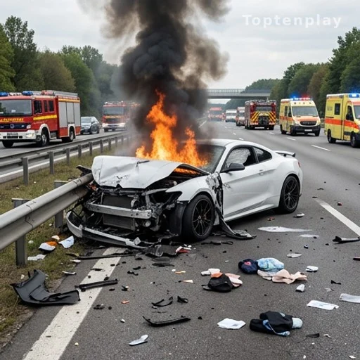 Épave de Ferrari en feu sur l'autoroute après un accident mortel