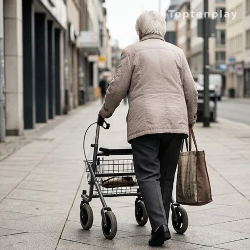 Dame âgée de dos marchant avec un déambulateur sur un trottoir