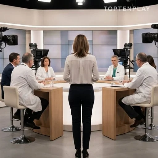 Animatrice entourée de chroniqueurs sur un plateau santé