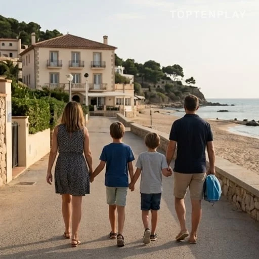 Famille de dos lors d’un séjour côtier de quatre jours